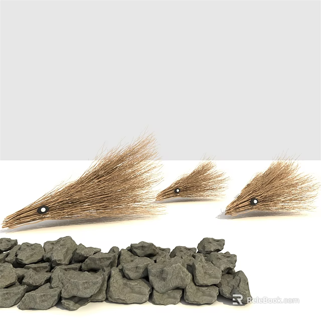 Three Wooden Brushes Alongside Pile Of Gray Stones In Natural Setup 3d model 