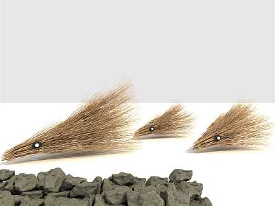Three Wooden Brushes Alongside Pile Of Gray Stones In Natural Setup 3d model