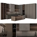 Modern Kitchen Interior With Ribbed Island Counter And Dark Gray Cabinets