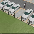 White Cars Parked In Parking Lot With Yellow Lines Green Grass And People
