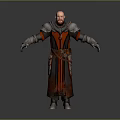 Game Movie Character With Bald Head Red Black Robe Armor Details Waist Belt Arms Outstretched
