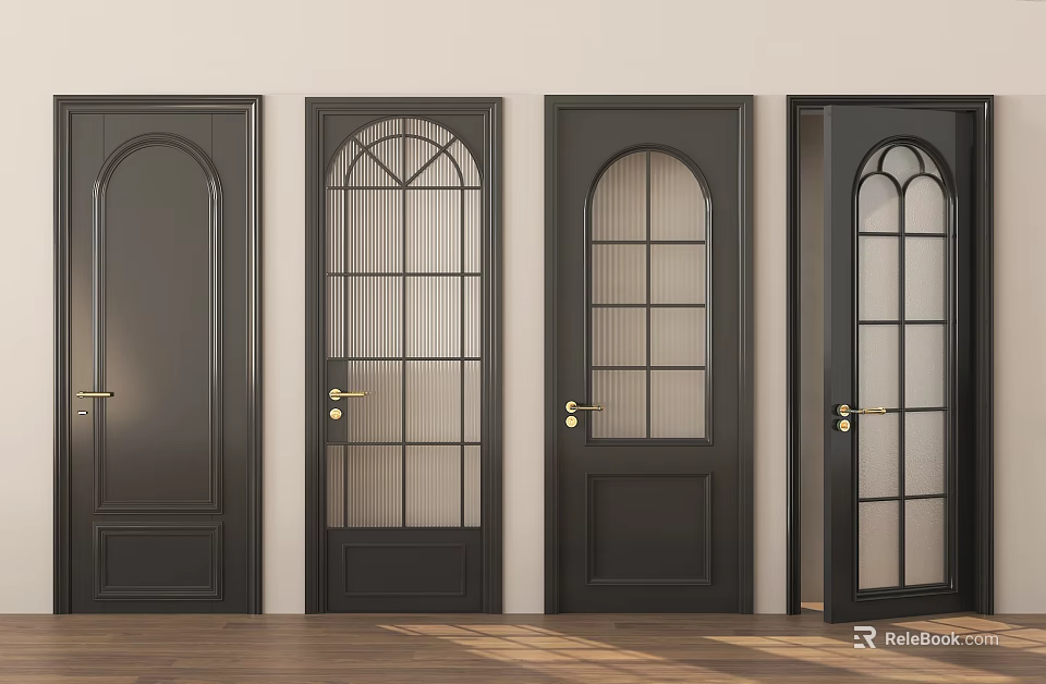 Stylish Black Hinged Doors With Glass Panels And Golden Handles In Various Designs 3d model 