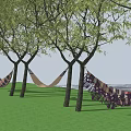Plaid Pattern Hammock Hanging Between Trees On Green Grass Near Water 3d model