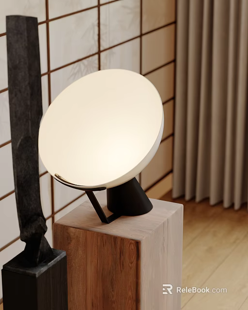 Modern Minimalist Table Lamp With Round White Shade Black Stand Wooden Base 3d model 