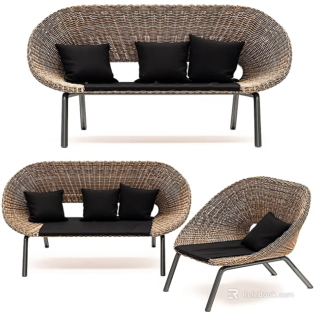 Wicker Outdoor Sofa with Curved Design Black Cushions and Matching Chair Metal Frame 3d model 
