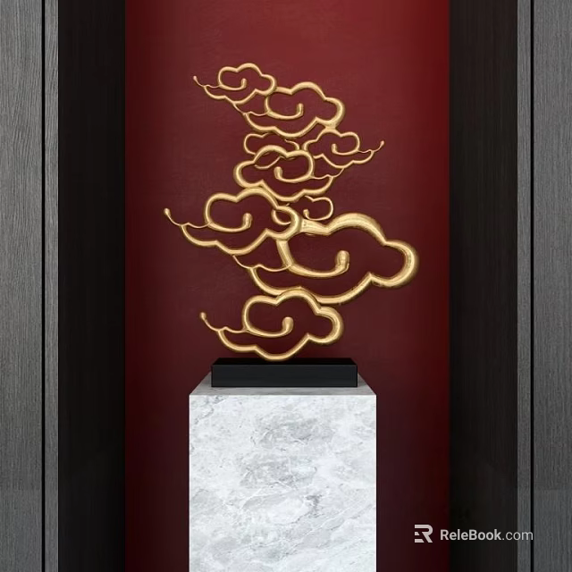 Golden Cloud Pattern Ornament Decor Set on Red Background with White Marble Base 3d model