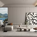 Modern Living Room Interior With Sea View Window Gray Sofa Brown Armchair And Abstract Painting