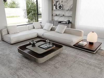 Elegant Modern White Sofa With Pillows And Wooden Coffee Table Set In Living Room 3d model