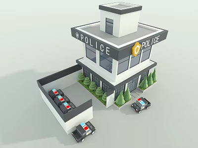 Cartoon Police Station Building With 3D Model Police Cars And Trees 3d model