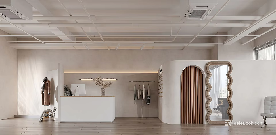 Modern Minimalist Clothing Store Interior With White Reception Wooden Hangers Curved Door And Light Flooring 3d model 