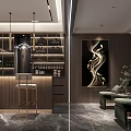 Modern Living and Dining Room With Marble Feature Wall Large Sofa Bookshelves And Pendant Lights