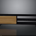 Modern TV Stand With Oak Wood Cabinet Door And Black Open Shelves