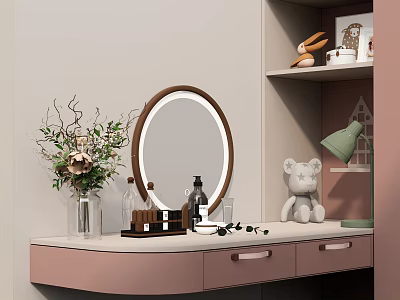 Pink Dressing Table With Round LED Mirror Countertop Perfume Bottles Stuffed Bear And Open Shelves 3d model