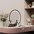 Pink Dressing Table With Round LED Mirror Countertop Perfume Bottles Stuffed Bear And Open Shelves