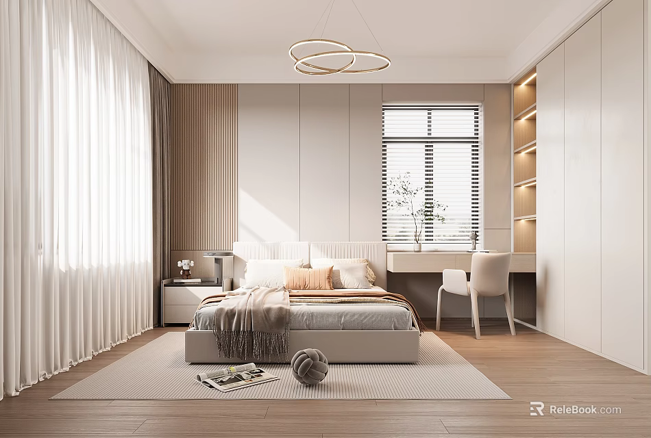 Modern Bedroom Interior Design With Circular Pendant Lights Window Blinds And Desk Chair 3d model 