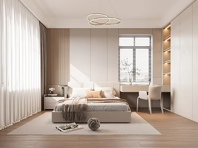 Modern Bedroom Interior Design With Circular Pendant Lights Window Blinds And Desk Chair 3d model