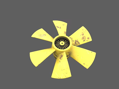 Artistic Yellow Fan Blade Sculpture Featuring Six Blades Black Center And Textured Design 3d model