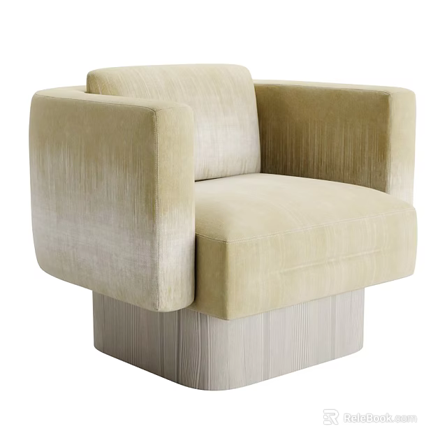 Beige Velvet Single Seater Sofa With Modern Wooden Striped Base Design 3d model 
