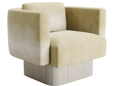 Beige Velvet Single Seater Sofa With Modern Wooden Striped Base Design 3d model