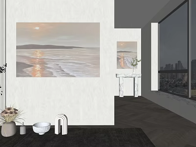 Modern Interior Design Featuring Seascape Wall Art Vase And Decorative Elements 3d model