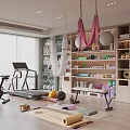 Spacious Home Gym With Fitness Equipment Yoga Hammocks Exercise Balls And Organized Accessories