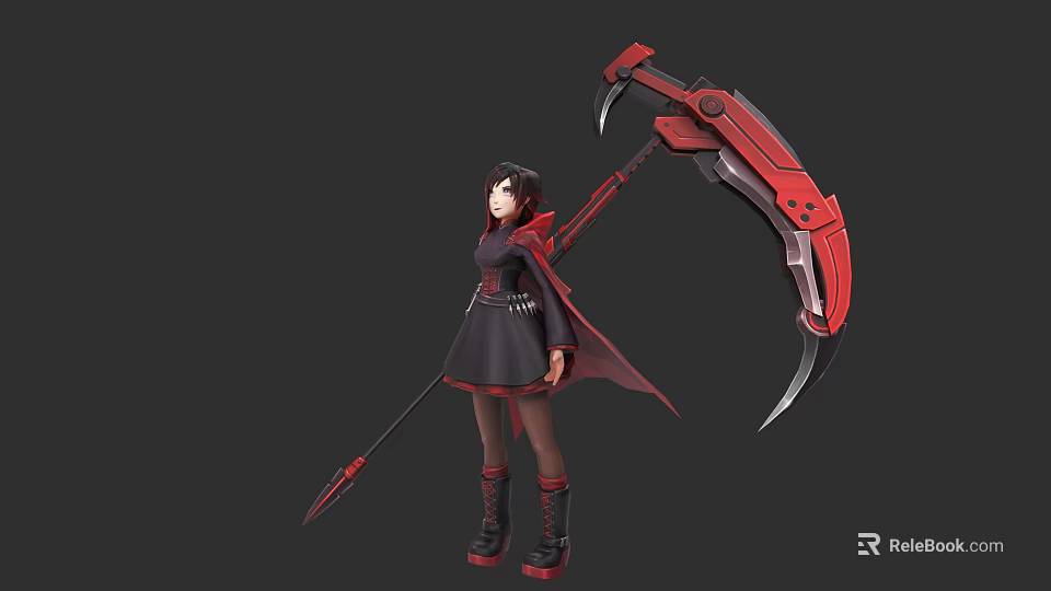 Fantasy Game Character With Red Scythe Black Dress And Cape 3d model 