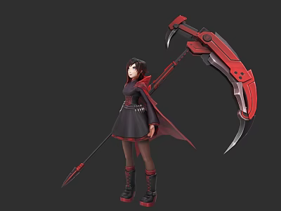 Fantasy Game Character With Red Scythe Black Dress And Cape 3d model