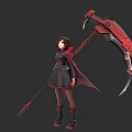 Fantasy Game Character With Red Scythe Black Dress And Cape