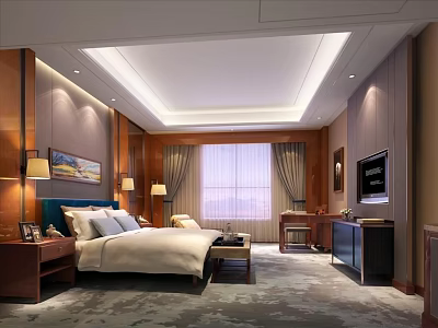 Elegant Hotel Guest Room Interior With Comfortable Bed Nightstand TV Curtains And Wall Art 3d model