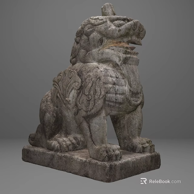 Stone Lion Sculpture With Intricate Carvings And Squatting Posture On Solid Base 3d model 