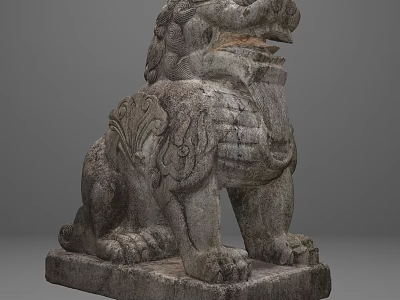 Stone Lion Sculpture With Intricate Carvings And Squatting Posture On Solid Base 3d model