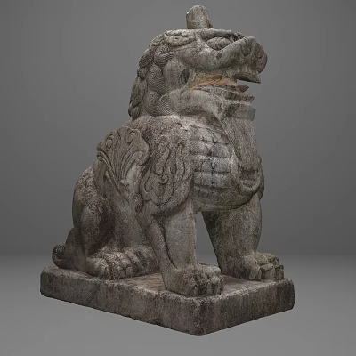 Stone Lion Sculpture With Intricate Carvings And Squatting Posture On Solid Base 3d model