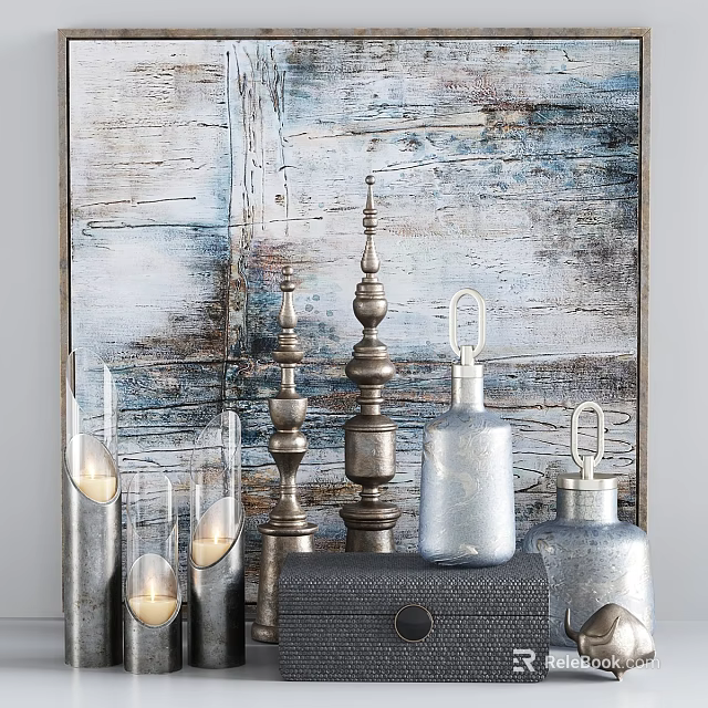 Vintage Metallic Glass Decorative Ornament Set With Tall Columns Bottles And Wooden Texture 3d model 