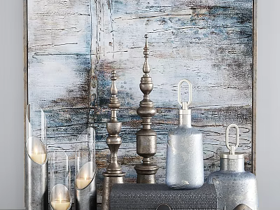 Vintage Metallic Glass Decorative Ornament Set With Tall Columns Bottles And Wooden Texture 3d model