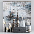 Vintage Metallic Glass Decorative Ornament Set With Tall Columns Bottles And Wooden Texture