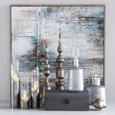 Vintage Metallic Glass Decorative Ornament Set With Tall Columns Bottles And Wooden Texture 3d model