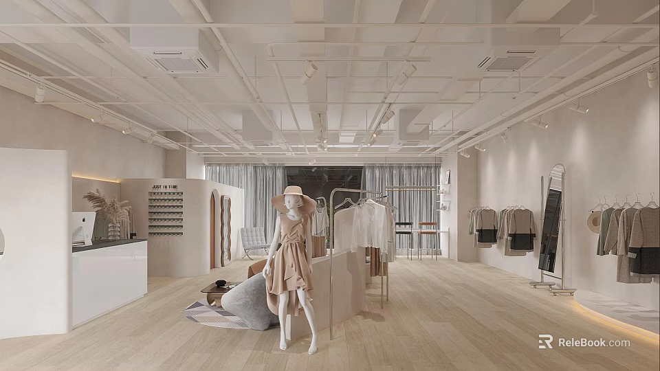 Modern Clothing Store Interior With Mannequin Dress Wooden Flooring And Clothing Racks 3d model 