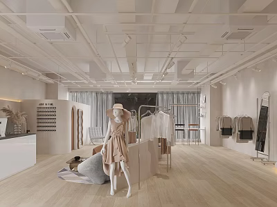 Modern Clothing Store Interior With Mannequin Dress Wooden Flooring And Clothing Racks 3d model