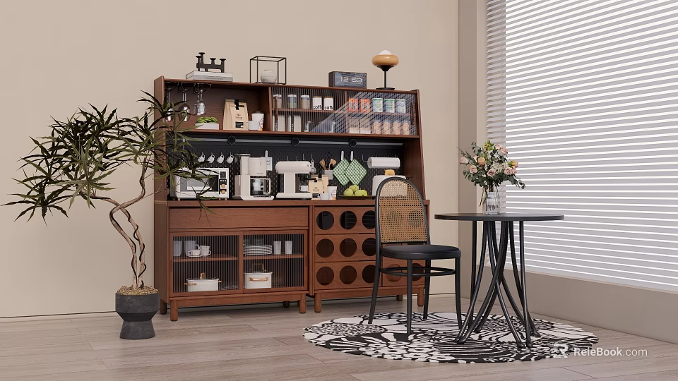 Decorative Ornament Combination on Wooden Multi Tiered Display Cabinet with Green Plant and Vase Flowers 3d model 