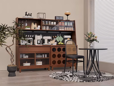 Decorative Ornament Combination on Wooden Multi Tiered Display Cabinet with Green Plant and Vase Flowers 3d model
