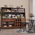 Decorative Ornament Combination on Wooden Multi Tiered Display Cabinet with Green Plant and Vase Flowers