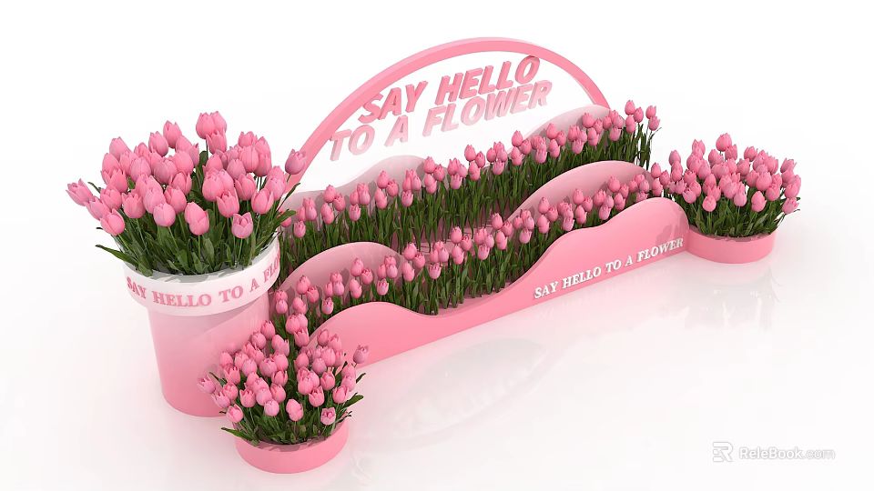 Pink Tulips Photo Spot With Arched Say Hello To A Flower Sign And Pink Pots 3d model 