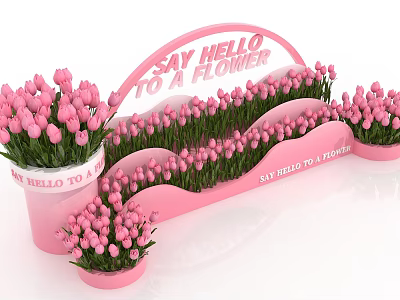Pink Tulips Photo Spot With Arched Say Hello To A Flower Sign And Pink Pots 3d model