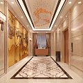 Luxurious Elevator Hallway With Marble Walls Patterned Carpet Artistic Ceiling Decor And Warm Lighting 3d model