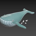 Cartoon Green Whale With White Striped Belly Small Fish And Duck On Light Blue Background