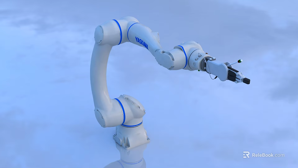 YASKAWA Intelligent Robotic Arm White With Blue Stripes And Tool On Light Blue Background 3d model 
