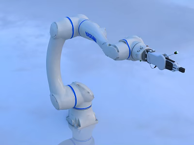 YASKAWA Intelligent Robotic Arm White With Blue Stripes And Tool On Light Blue Background 3d model