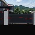 Modern Black Slatted Entrance Gate With Gray Pillars And Mountain View Greenery