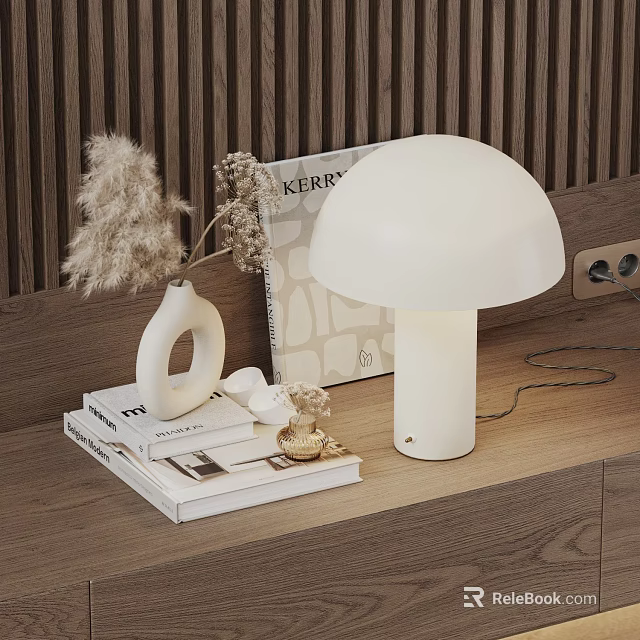Decorative Ornament Set With White Mushroom Lamp Vase Pampas Grass Golden Ornament And Books 3d model 
