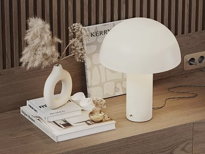 Decorative Ornament Set With White Mushroom Lamp Vase Pampas Grass Golden Ornament And Books 3d model
